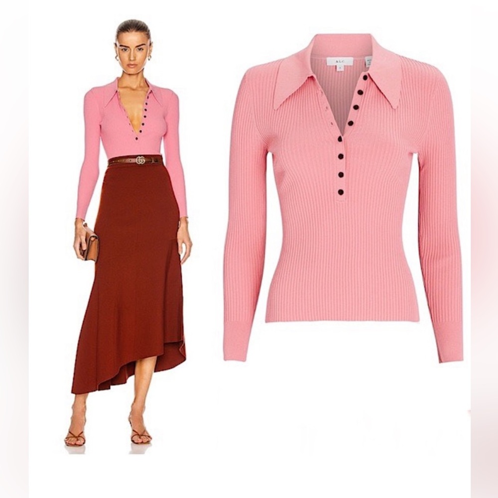 A.L.C. Pink Ribbed Long Sleeve Polo Sweater